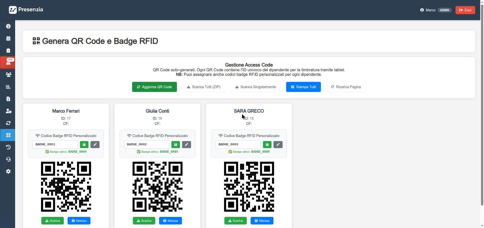 Pagina di generazione dei QR code e dei badge RFID